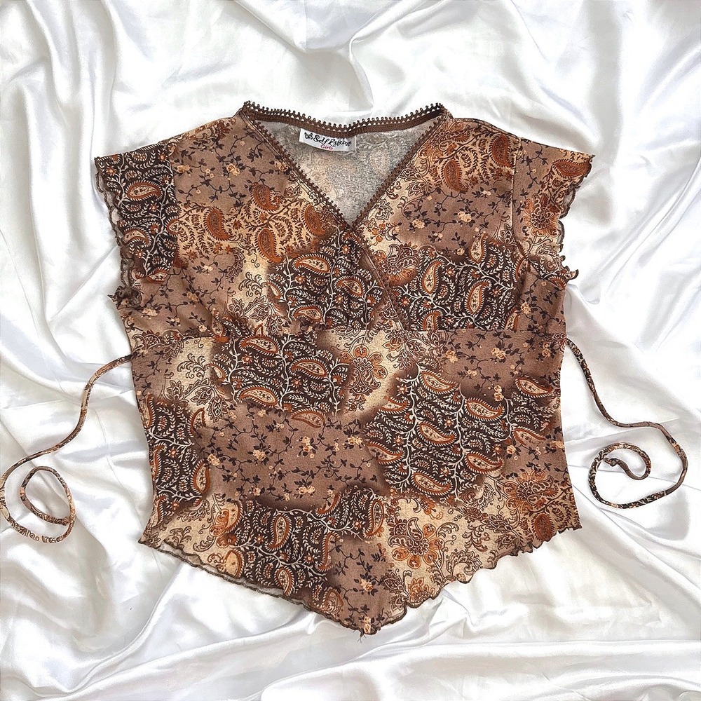 Self Esteem Brown Paisley Mesh Top Lace Trim Flutter Sleeve Y2K Boho V-Neck